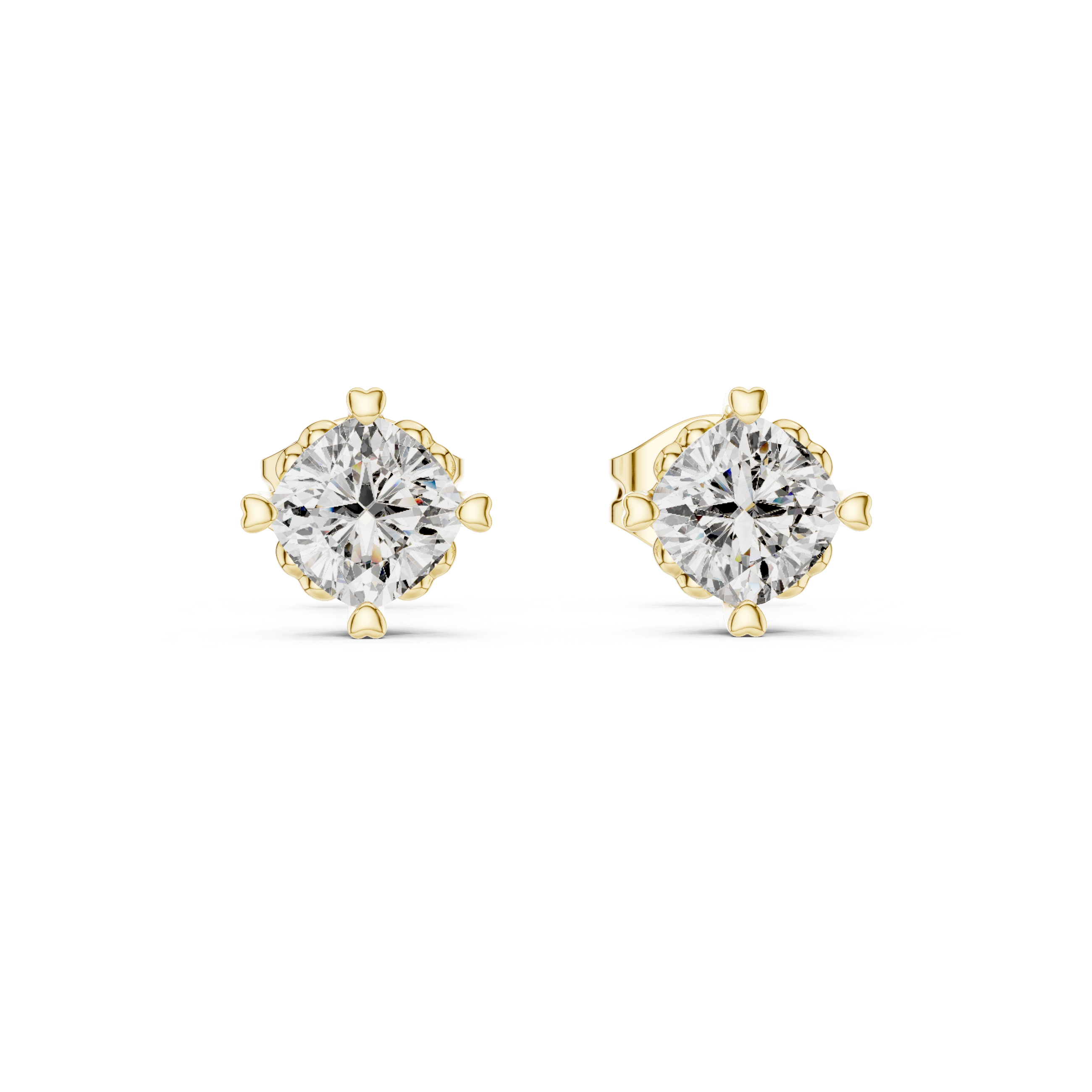 Cushion cut solitaire stud earrings in gold