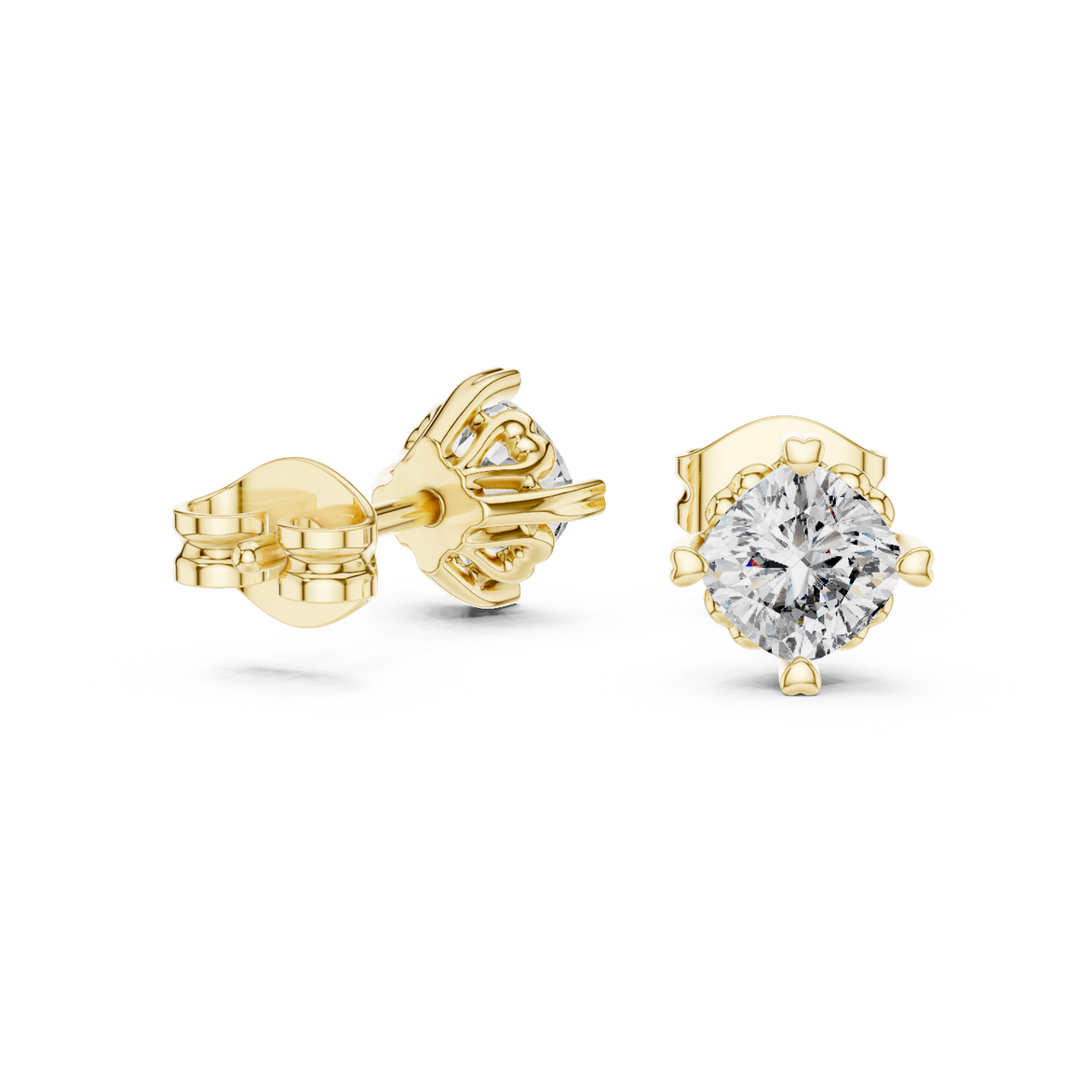 Cushion cut solitaire stud earrings in gold