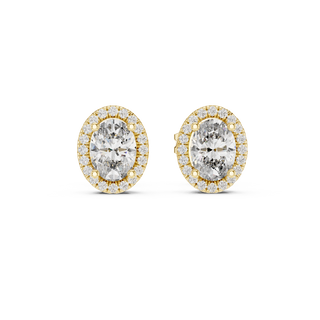 Front view of Radiant Halo Glow oval diamond stud earrings in yellow gold.