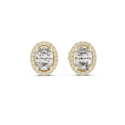 Front view of Radiant Halo Glow oval diamond stud earrings in yellow gold.
