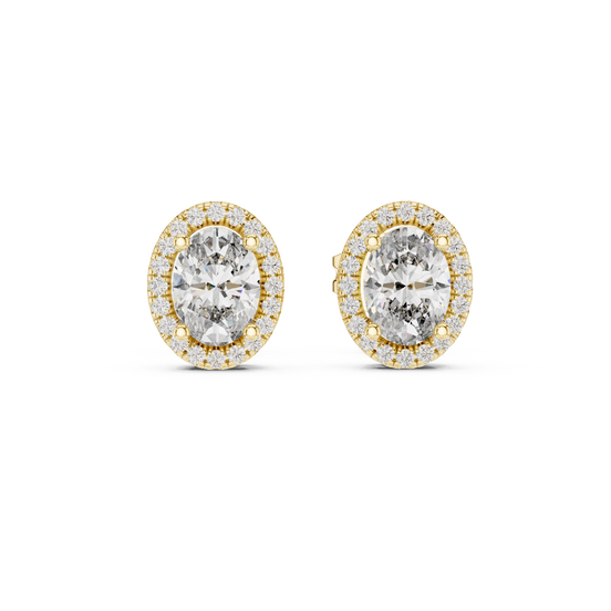 Front view of Radiant Halo Glow oval diamond stud earrings in yellow gold.