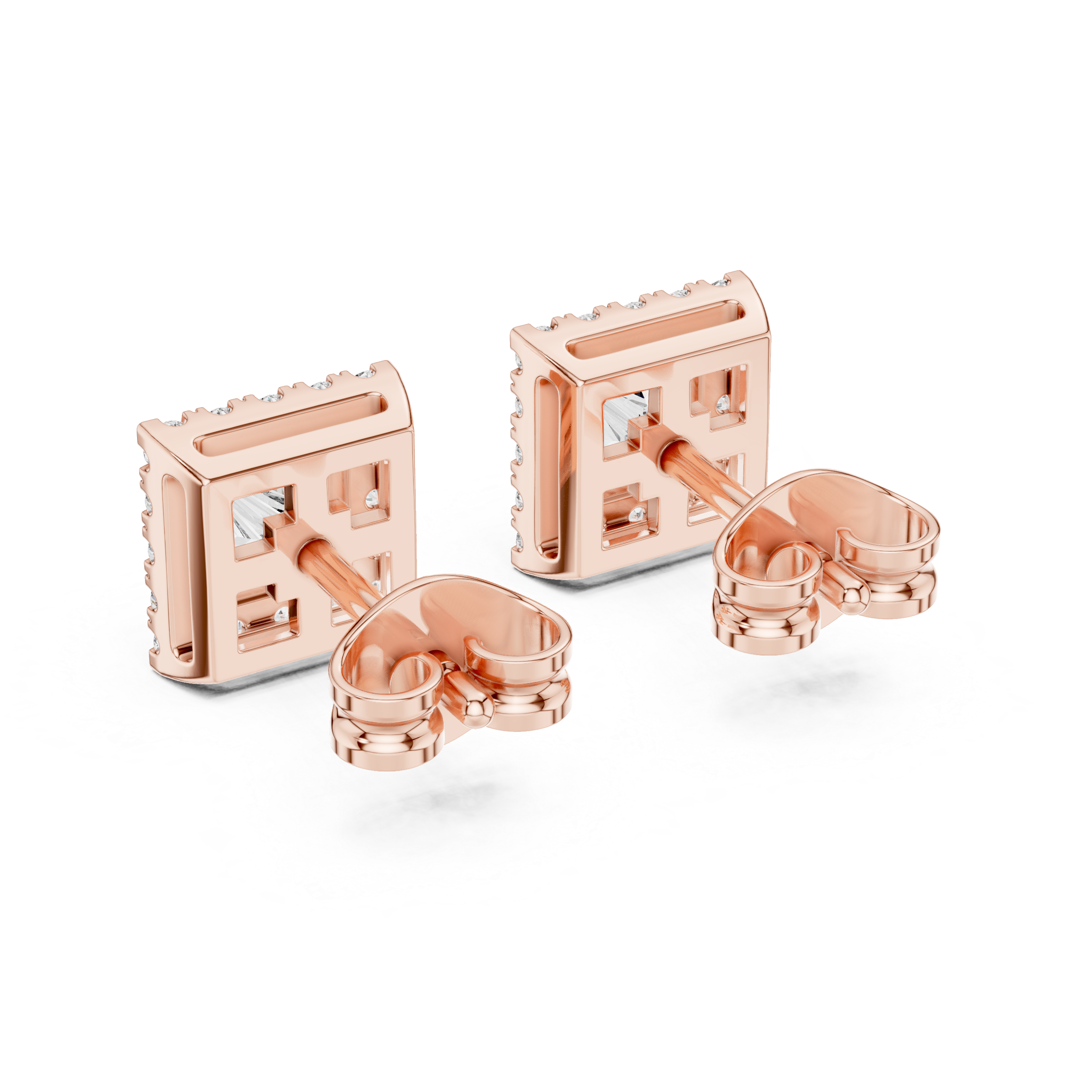 Princess cut halo diamond stud earrings in gold with lab grown diamonds by Signora Jewels