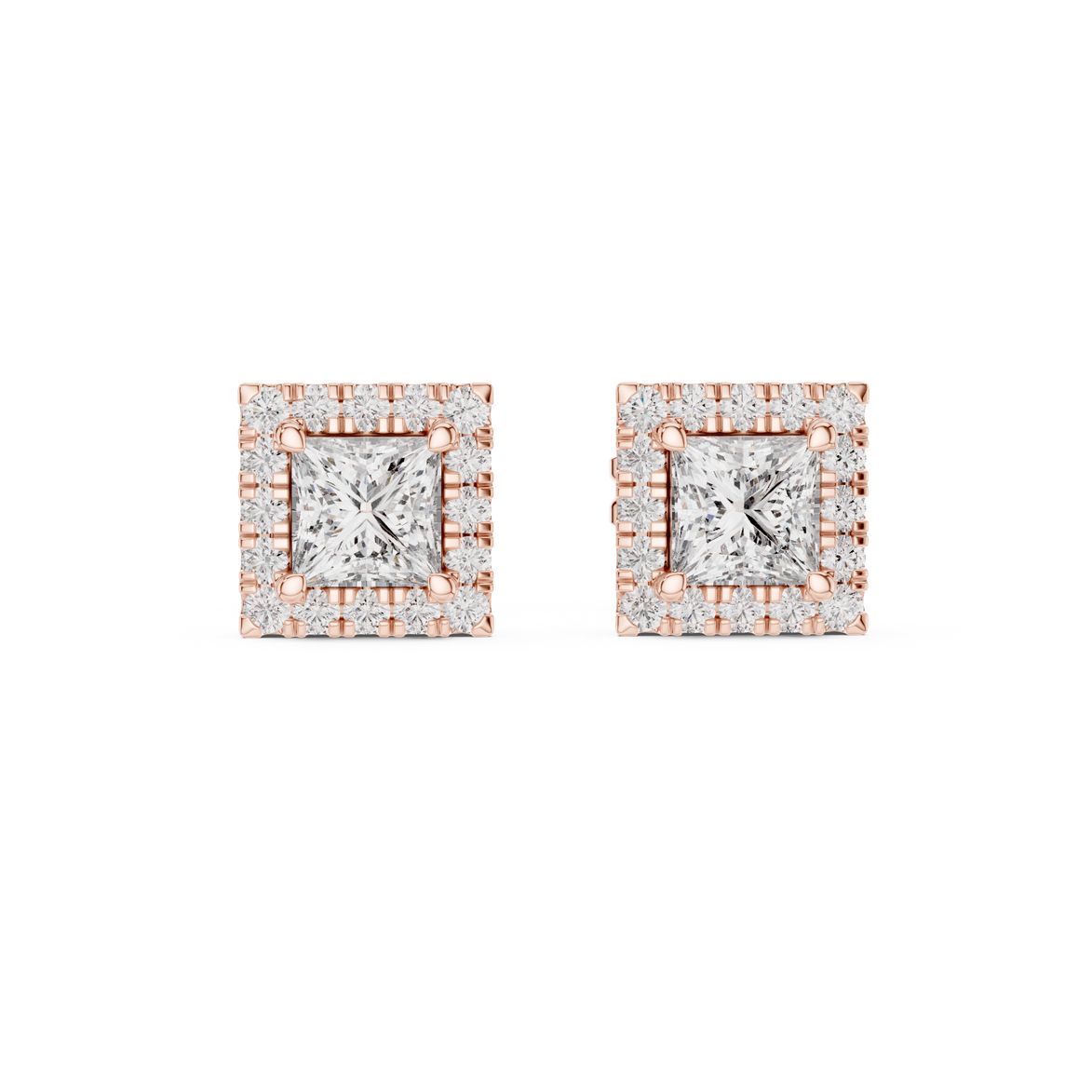 Princess cut halo diamond stud earrings in gold with lab grown diamonds by Signora Jewels