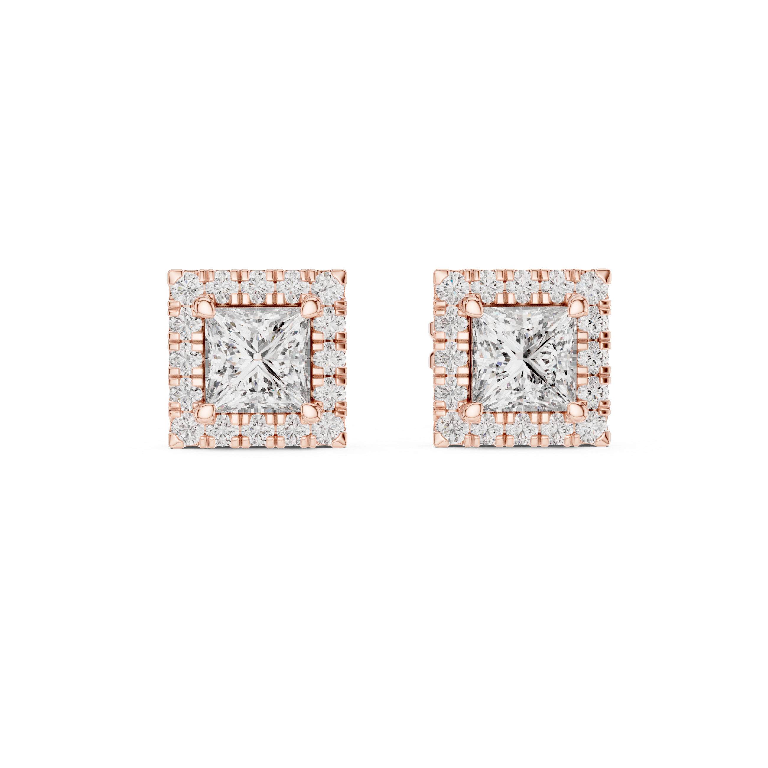 Princess cut halo diamond stud earrings in gold with lab grown diamonds by Signora Jewels