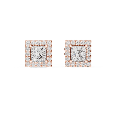 Princess cut halo diamond stud earrings in gold with lab grown diamonds by Signora Jewels
