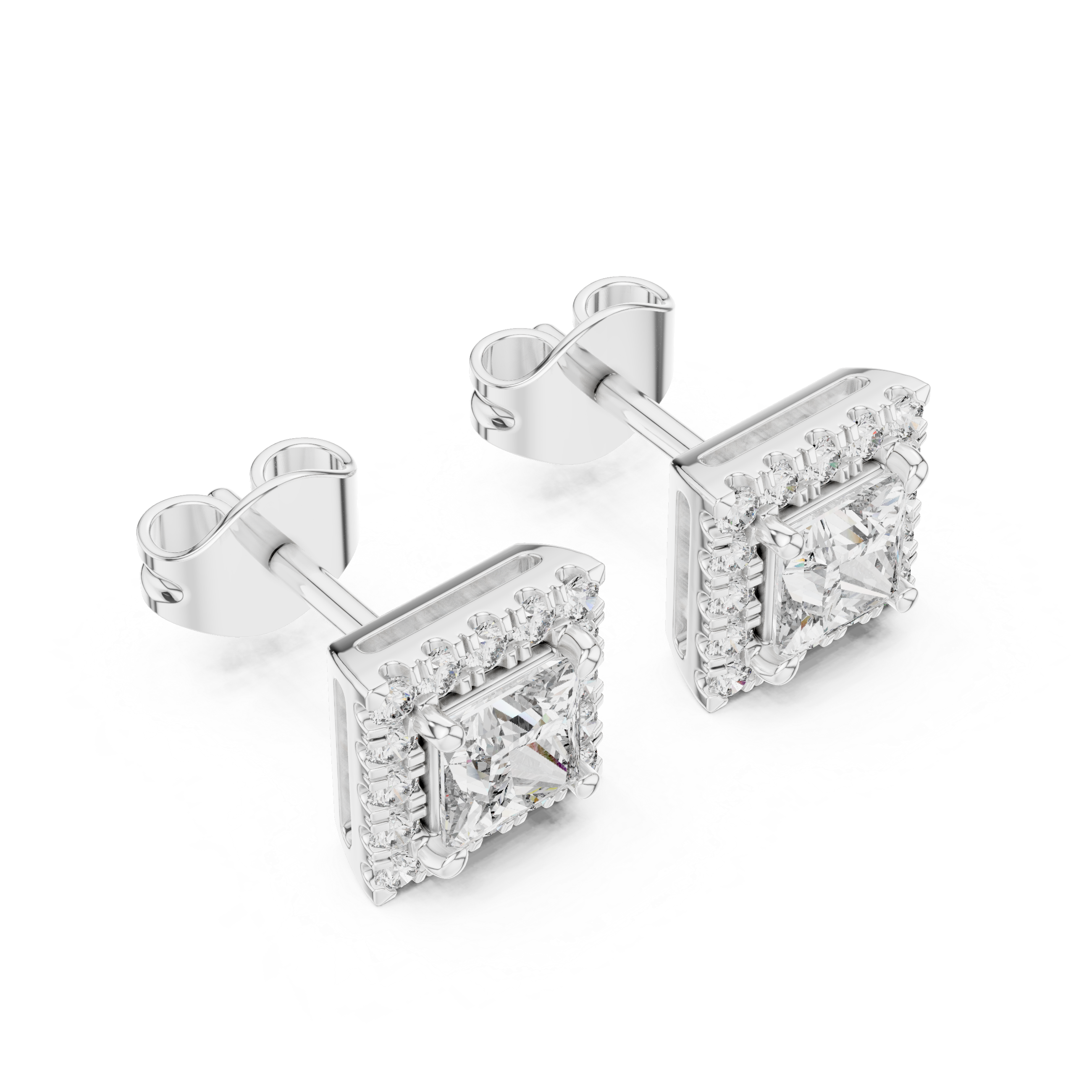 Princess cut halo diamond stud earrings in gold with lab grown diamonds by Signora Jewels