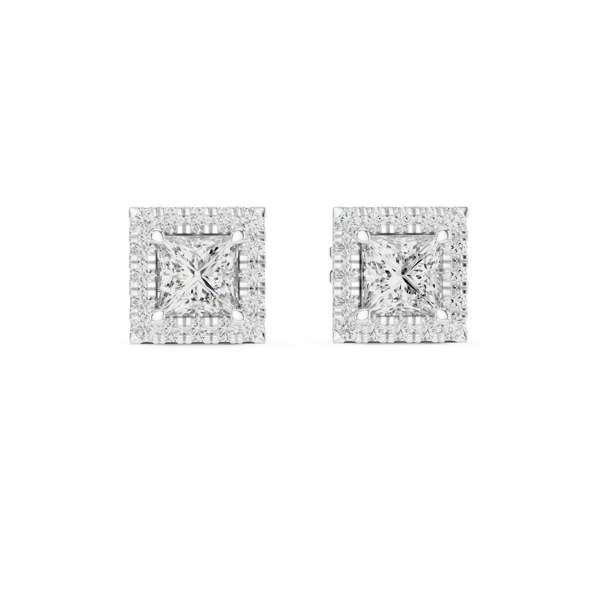 Princess cut halo diamond stud earrings in gold with lab grown diamonds by Signora Jewels