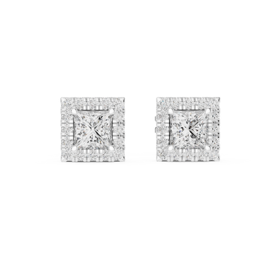 Princess cut halo diamond stud earrings in gold with lab grown diamonds by Signora Jewels