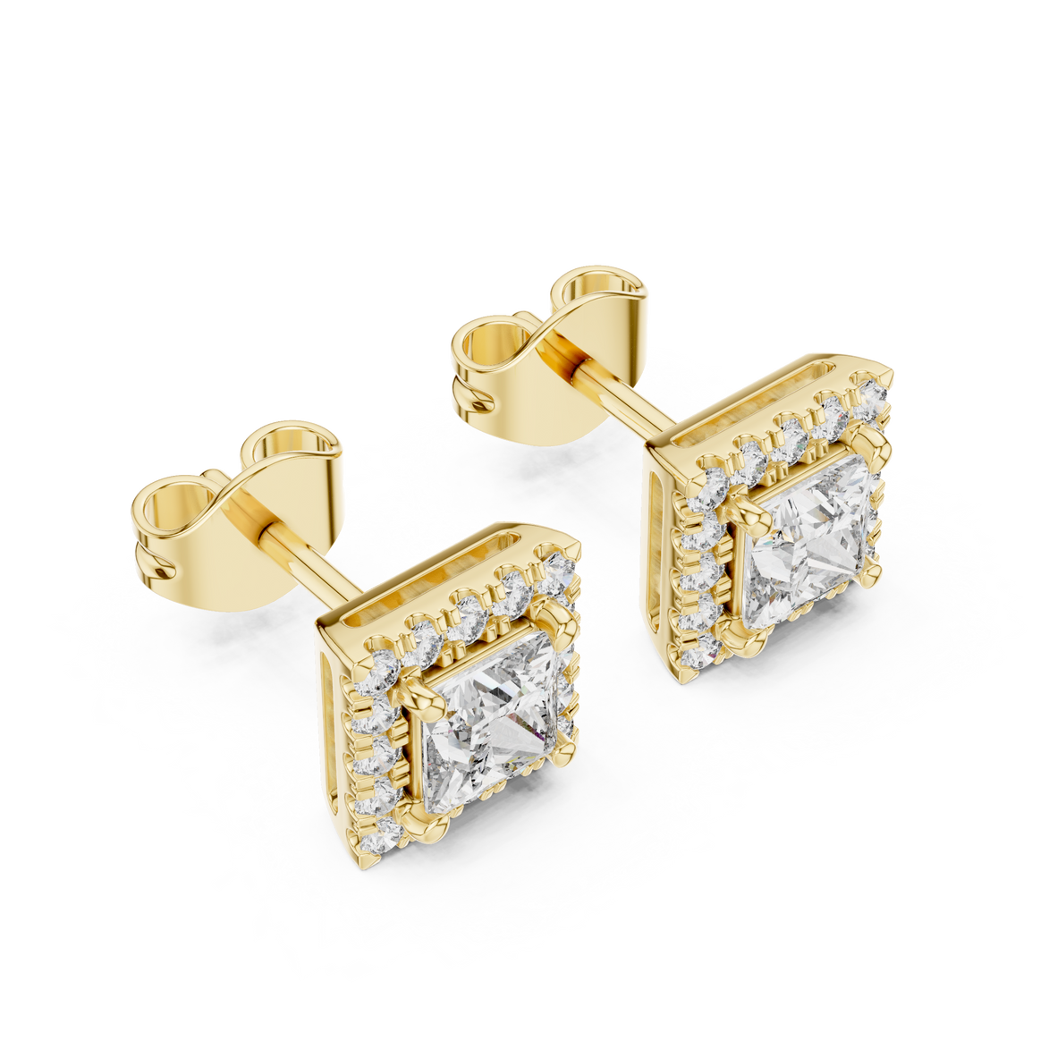 Princess cut halo diamond stud earrings in gold with lab grown diamonds by Signora Jewels