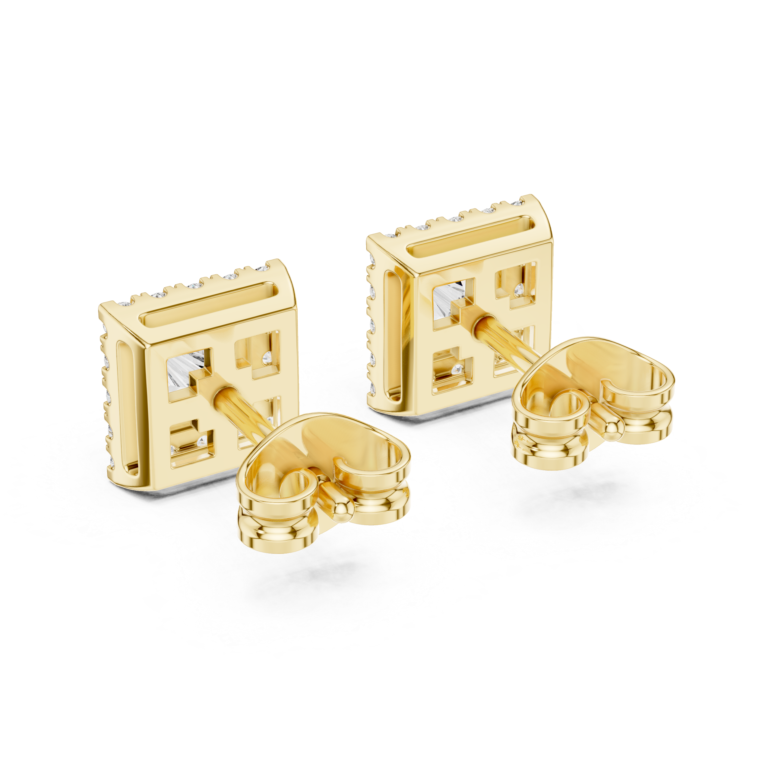 Princess cut halo diamond stud earrings in gold with lab grown diamonds by Signora Jewels