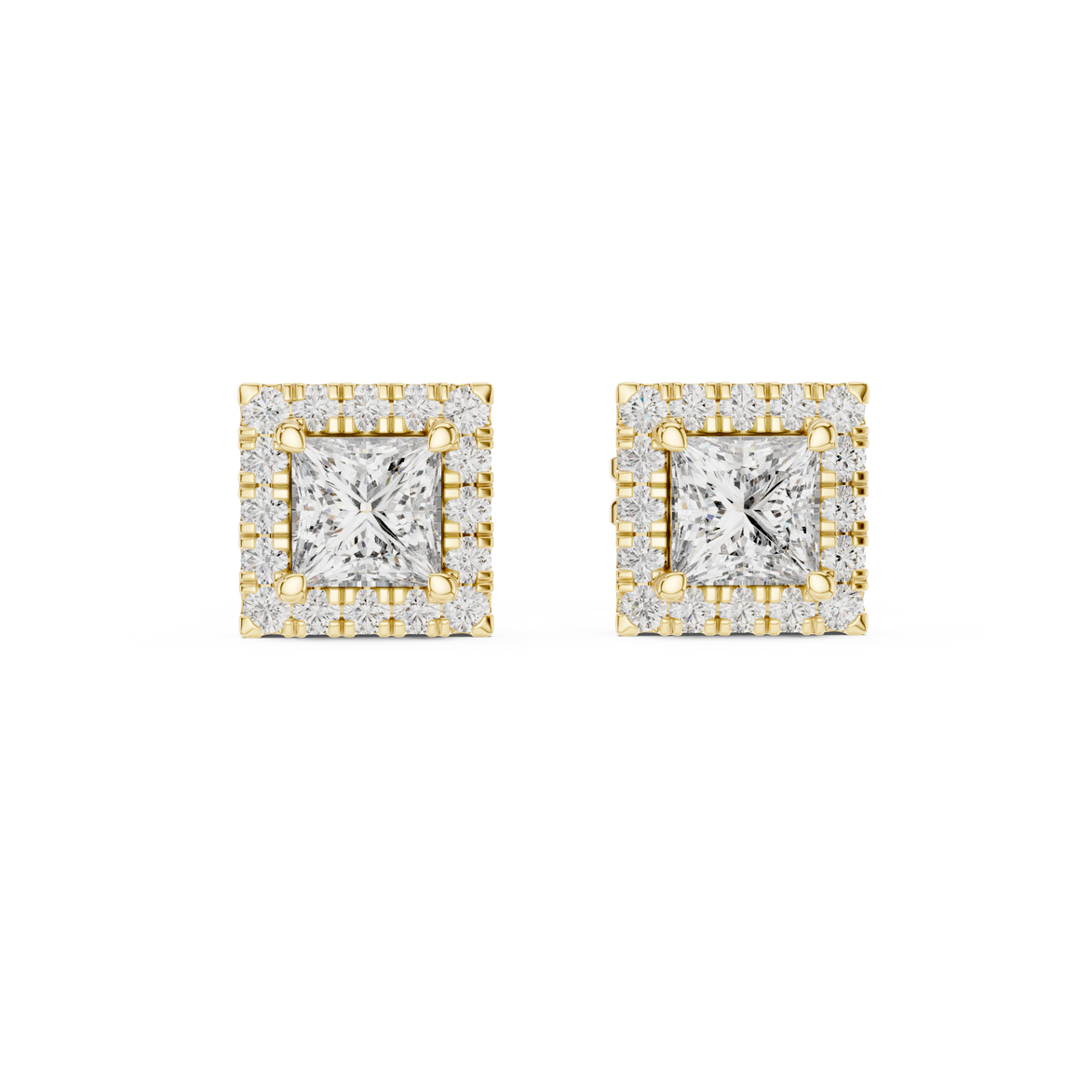 Princess cut halo diamond stud earrings in gold with lab grown diamonds by Signora Jewels