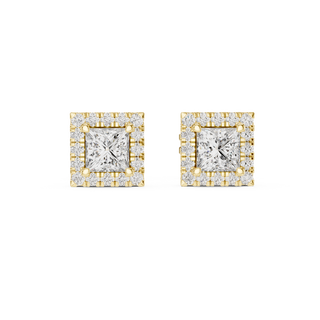 Front view of Royal Sparkle princess halo diamond stud earrings in yellow gold.