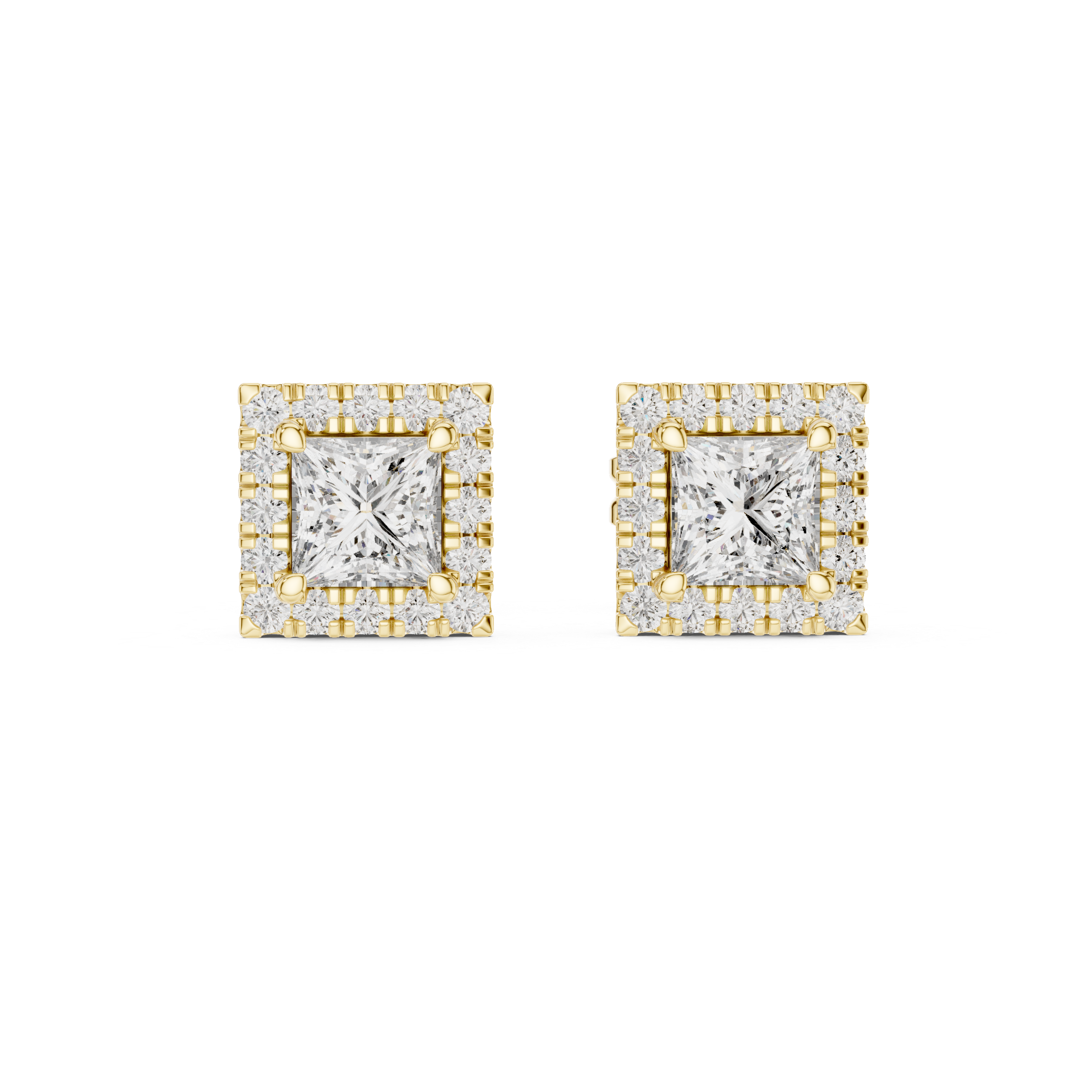Princess cut halo diamond stud earrings in gold with lab grown diamonds by Signora Jewels