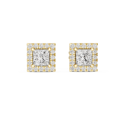 Front view of Royal Sparkle princess halo diamond stud earrings in yellow gold.