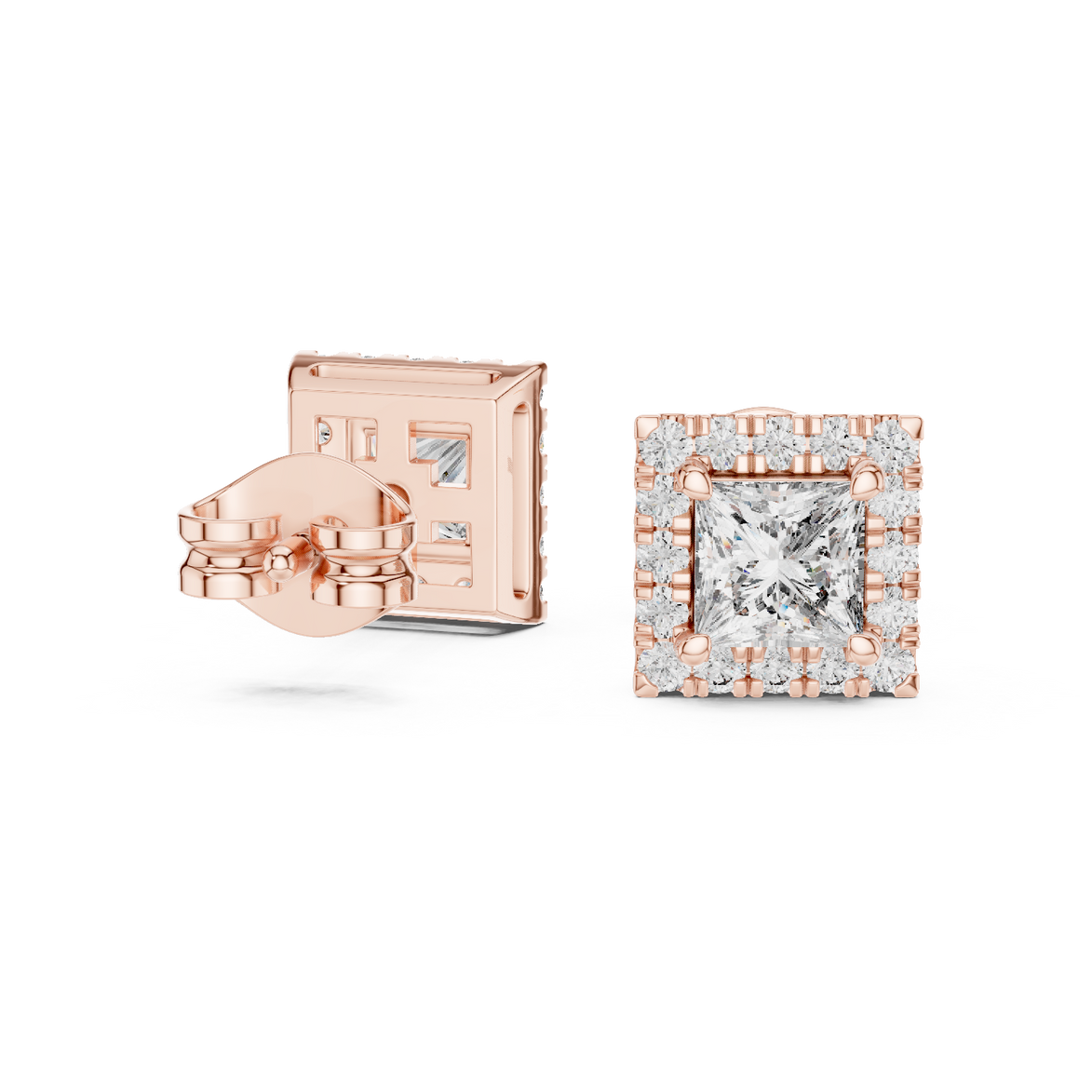 Princess cut halo diamond stud earrings in gold with lab grown diamonds by Signora Jewels