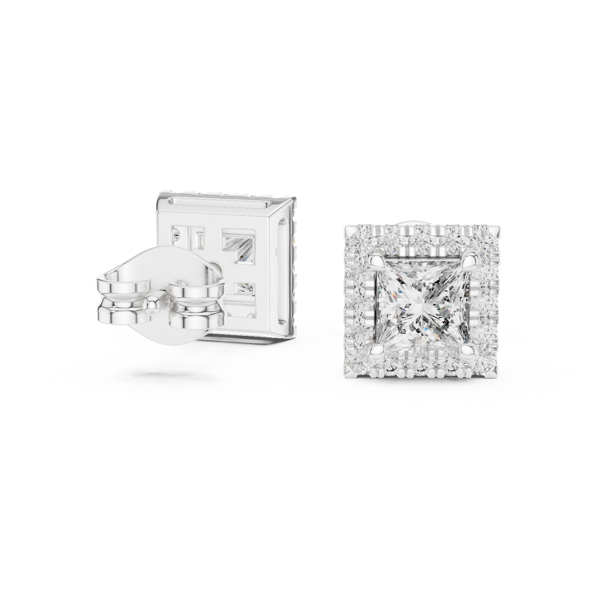 Princess cut halo diamond stud earrings in gold with lab grown diamonds by Signora Jewels