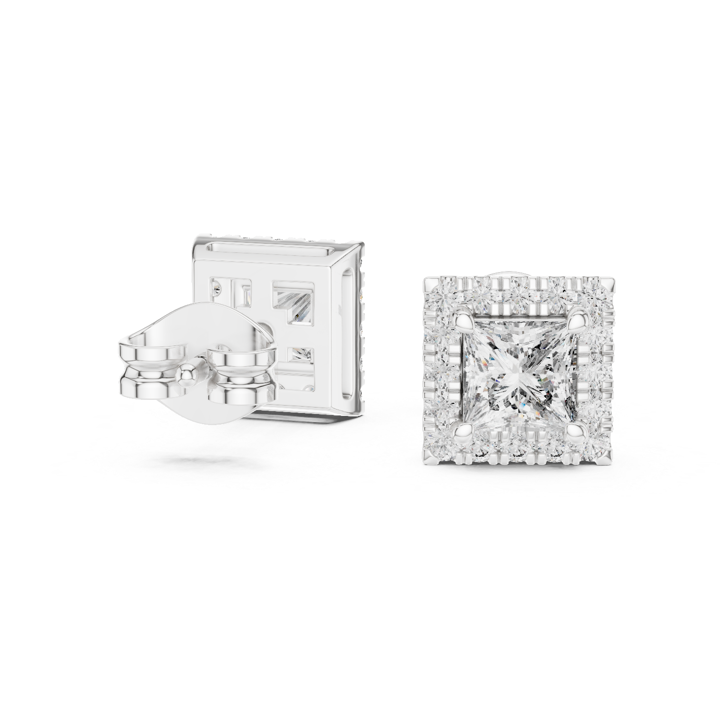 Princess cut halo diamond stud earrings in gold with lab grown diamonds by Signora Jewels
