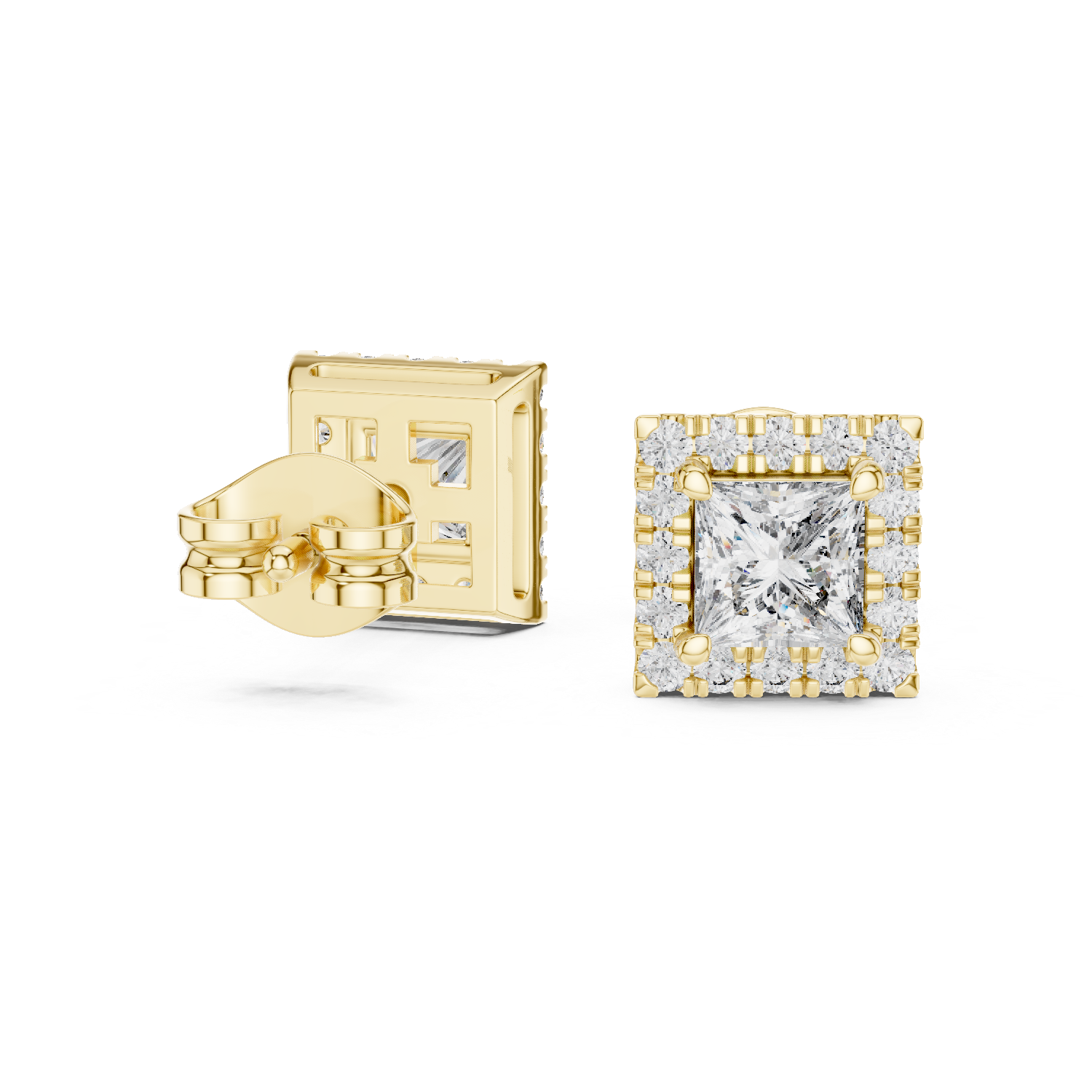 Princess cut halo diamond stud earrings in gold with lab grown diamonds by Signora Jewels