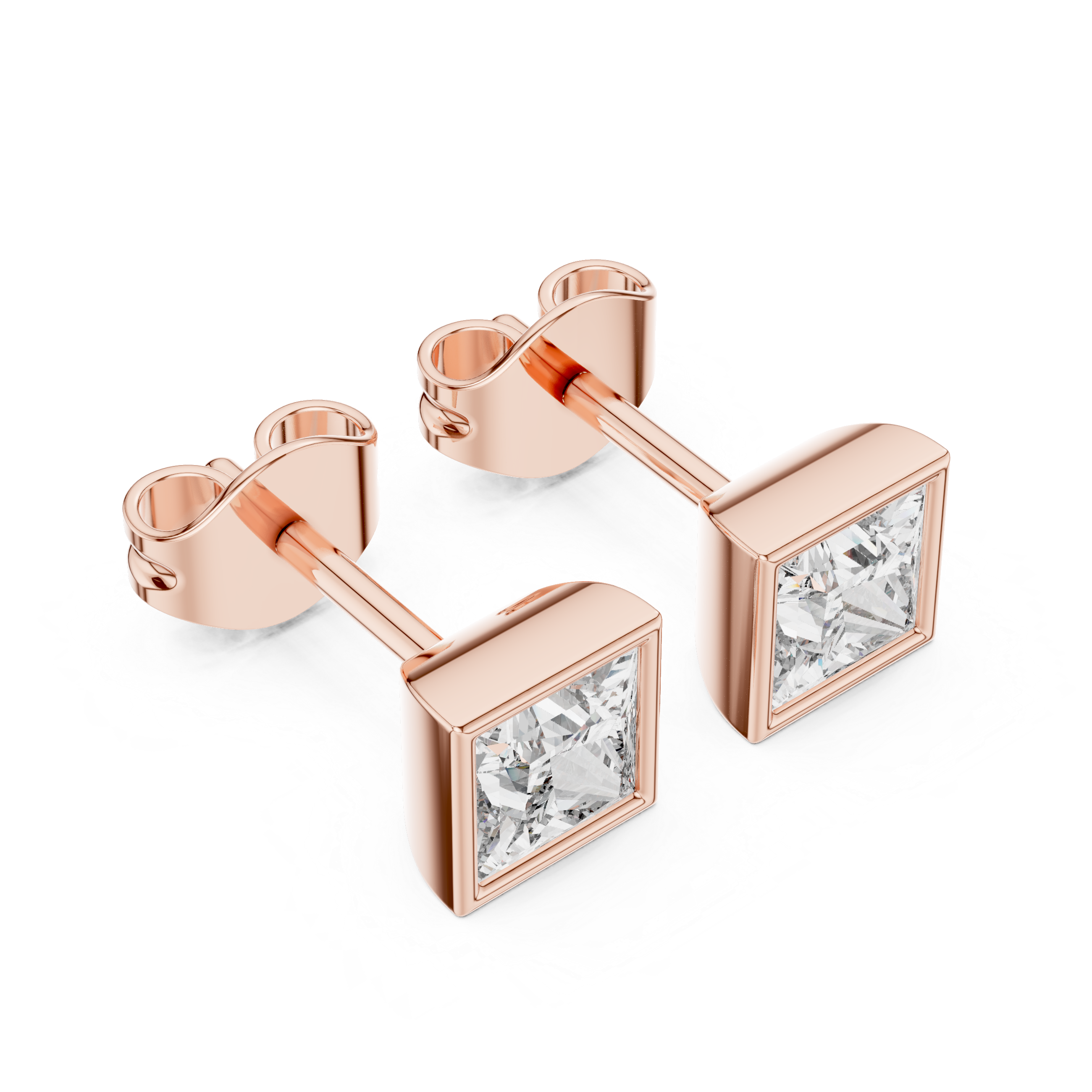 Princess cut solitaire diamond stud earrings in gold with bezel setting and lab grown diamonds by Signora Jewels