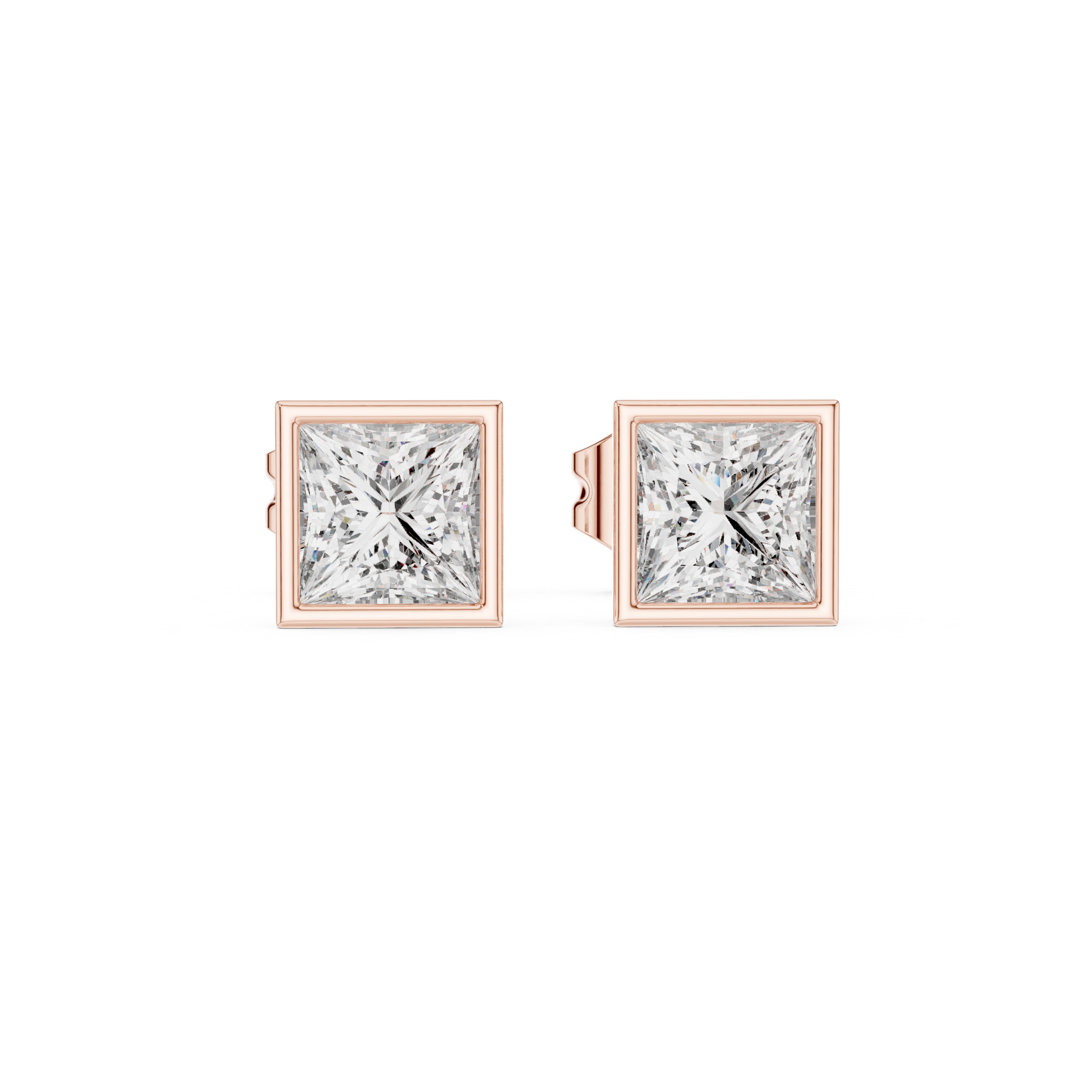 Princess cut solitaire diamond stud earrings in gold with bezel setting and lab grown diamonds by Signora Jewels