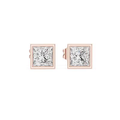 Princess cut solitaire diamond stud earrings in gold with bezel setting and lab grown diamonds by Signora Jewels