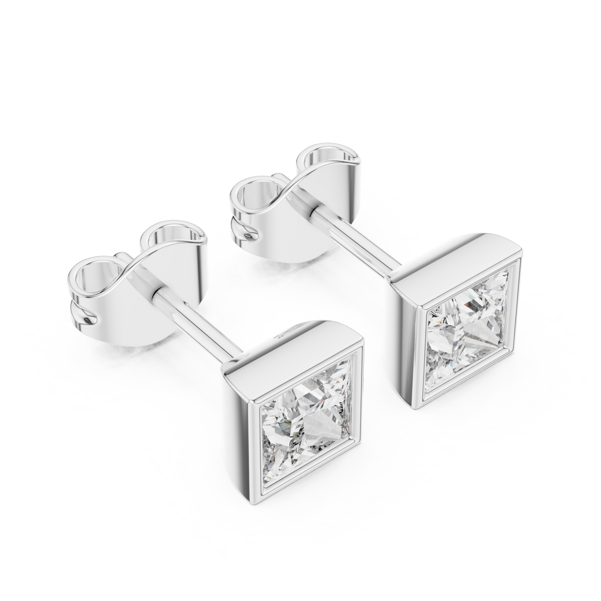 Princess cut solitaire diamond stud earrings in gold with bezel setting and lab grown diamonds by Signora Jewels