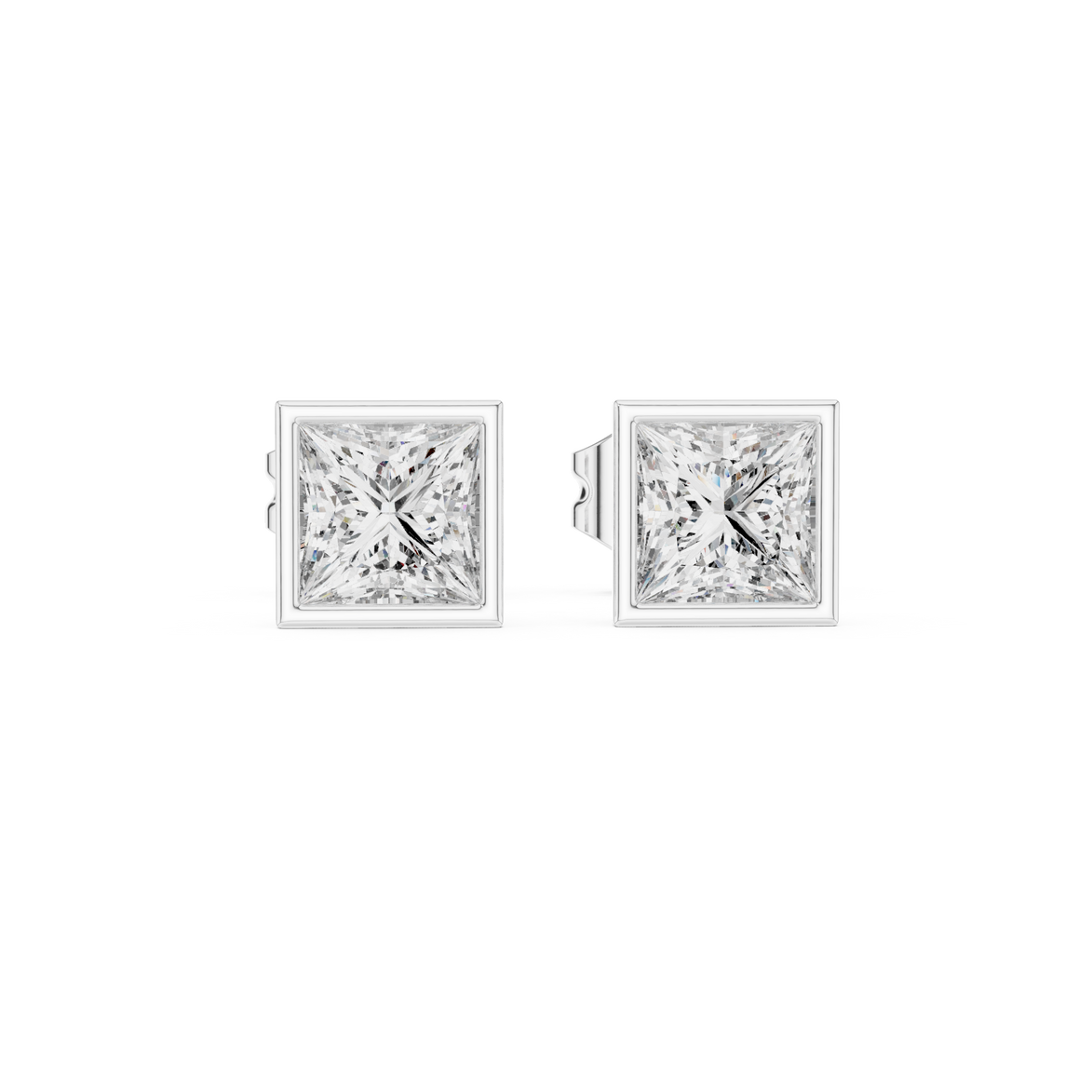 Princess cut solitaire diamond stud earrings in gold with bezel setting and lab grown diamonds by Signora Jewels