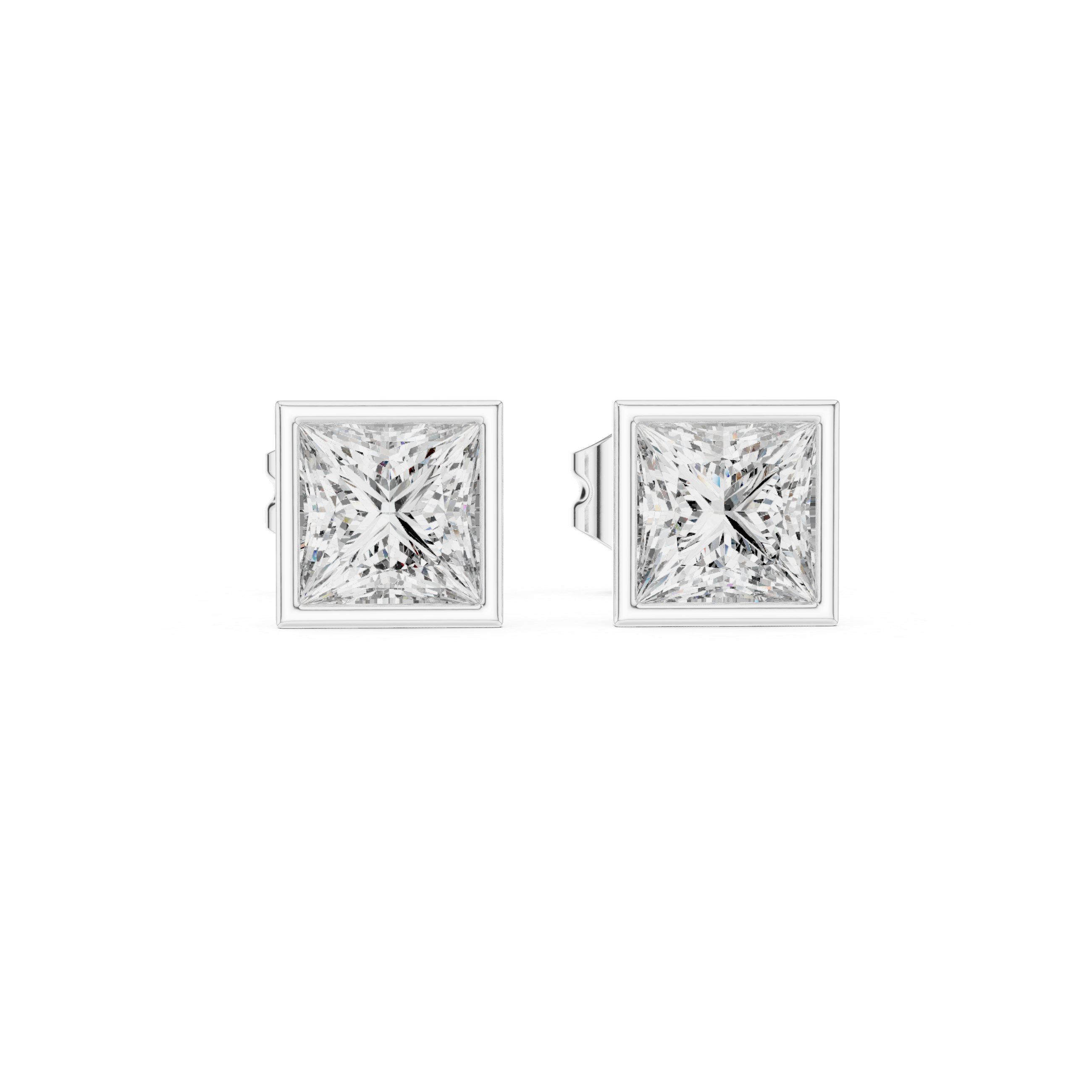 Princess cut solitaire diamond stud earrings in gold with bezel setting and lab grown diamonds by Signora Jewels