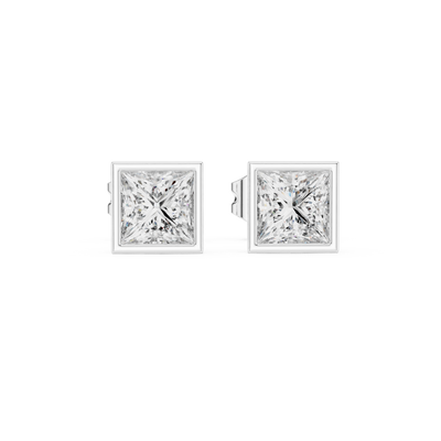 Princess cut solitaire diamond stud earrings in gold with bezel setting and lab grown diamonds by Signora Jewels