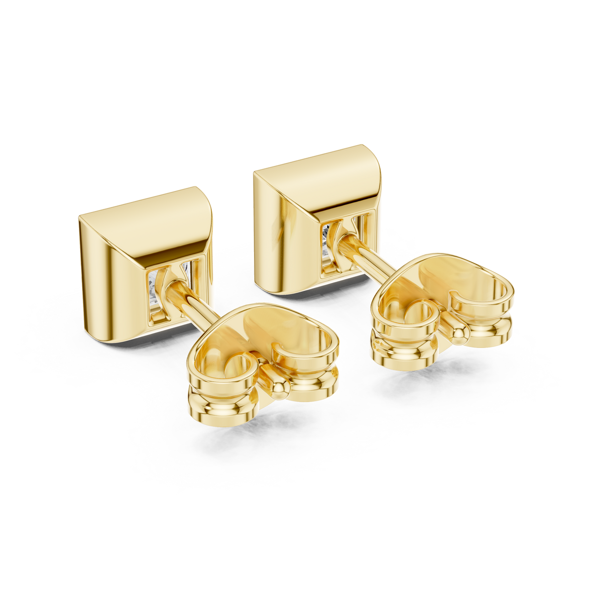 Princess cut solitaire diamond stud earrings in gold with bezel setting and lab grown diamonds by Signora Jewels