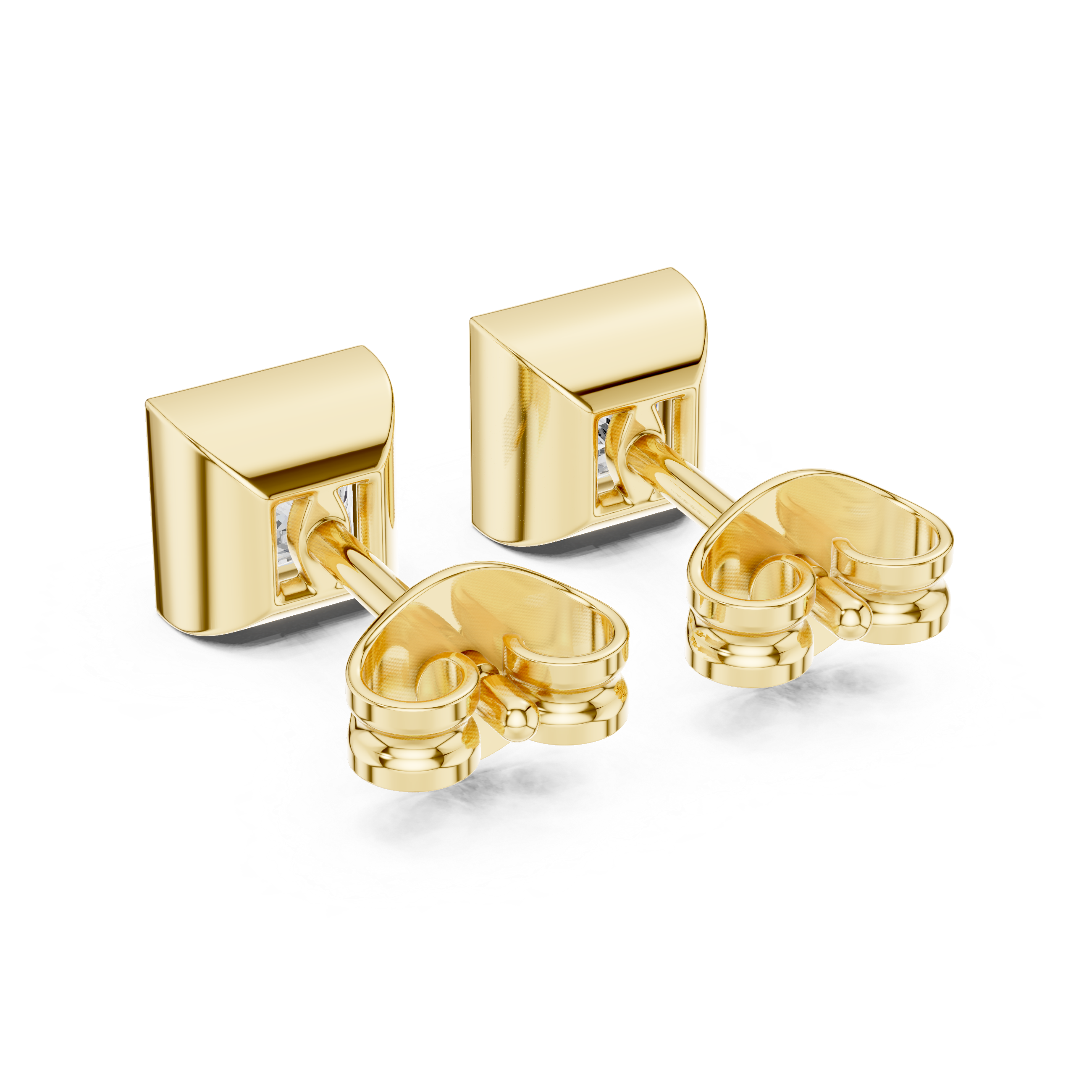 Princess cut solitaire diamond stud earrings in gold with bezel setting and lab grown diamonds by Signora Jewels