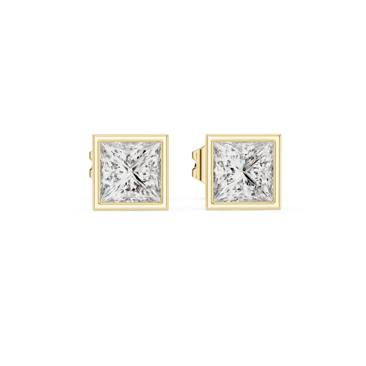 Princess cut solitaire diamond stud earrings in gold with bezel setting and lab grown diamonds by Signora Jewels