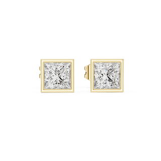 Front view of princess cut solitaire diamond stud earrings in yellow gold.