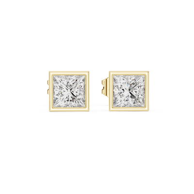 Front view of princess cut solitaire diamond stud earrings in yellow gold.