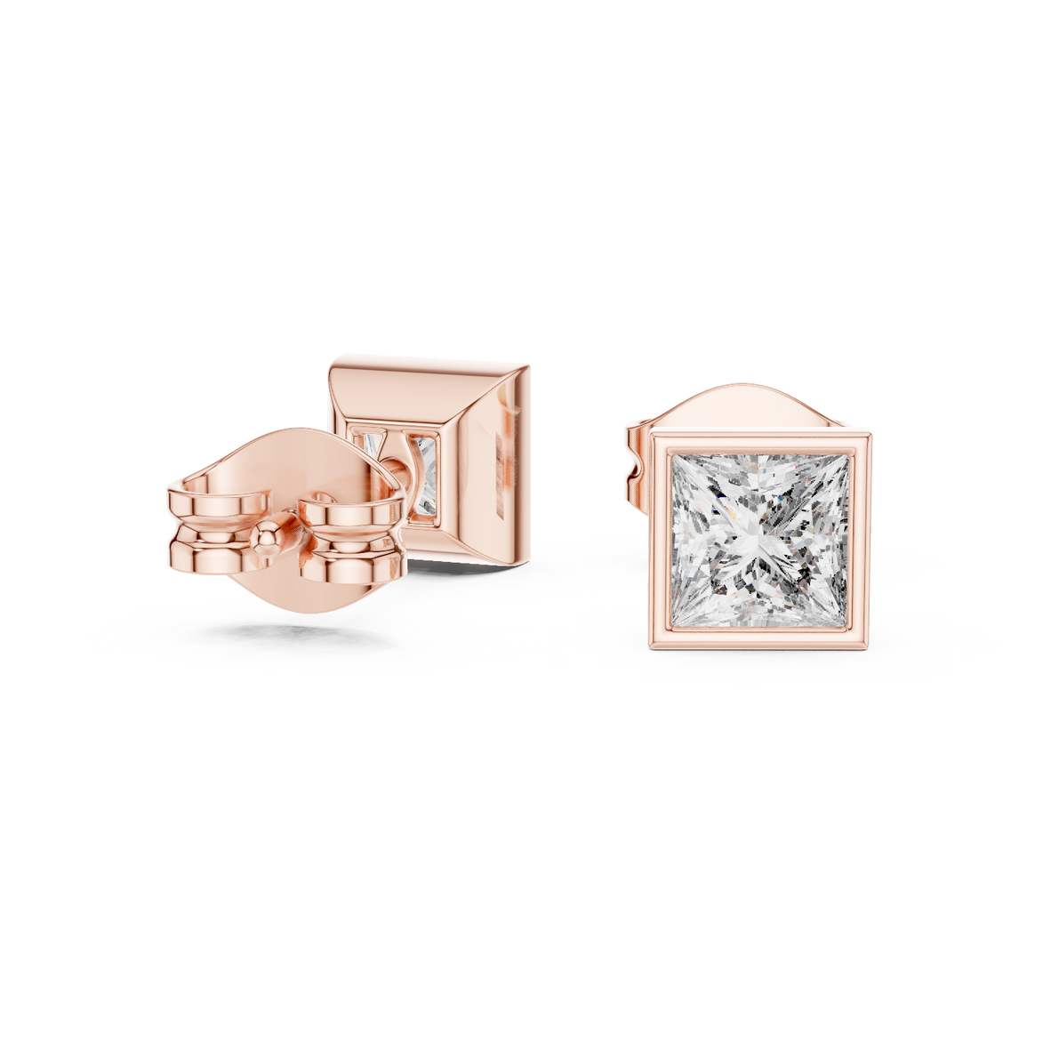 Princess cut solitaire diamond stud earrings in gold with bezel setting and lab grown diamonds by Signora Jewels