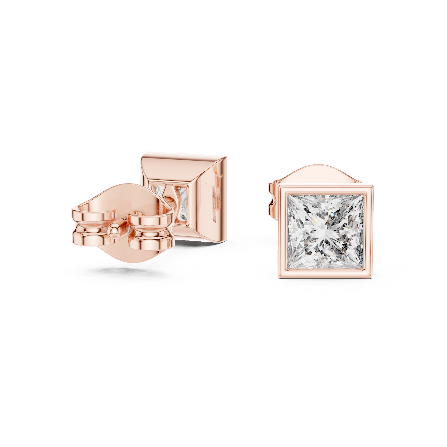 Princess cut solitaire diamond stud earrings in gold with bezel setting and lab grown diamonds by Signora Jewels