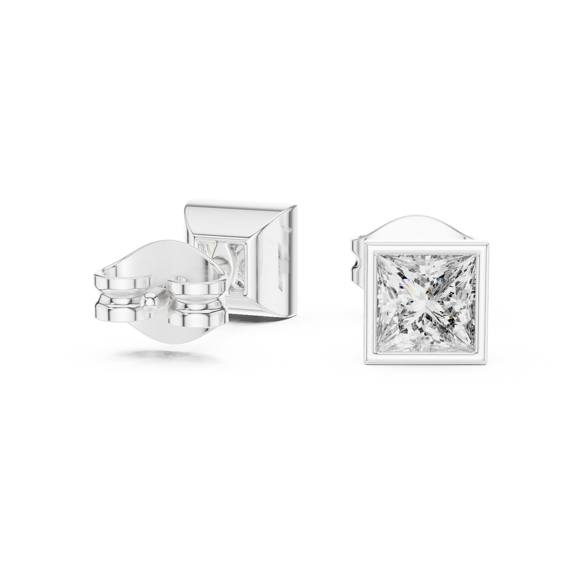 Princess cut solitaire diamond stud earrings in gold with bezel setting and lab grown diamonds by Signora Jewels