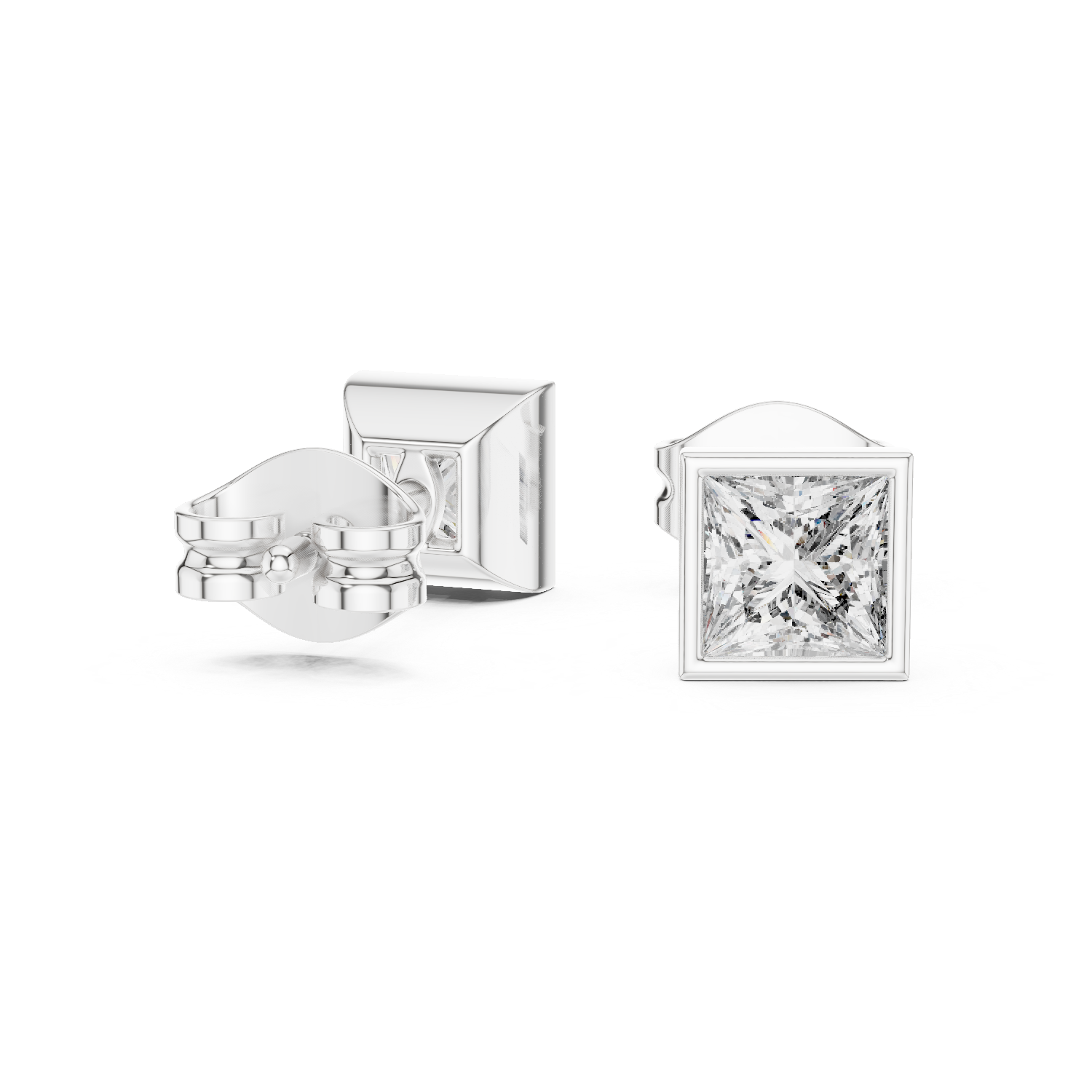 Princess cut solitaire diamond stud earrings in gold with bezel setting and lab grown diamonds by Signora Jewels