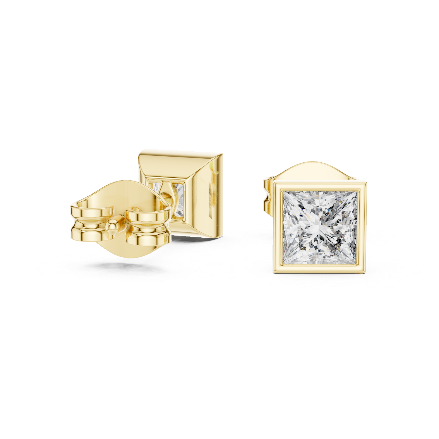Princess cut solitaire diamond stud earrings in gold with bezel setting and lab grown diamonds by Signora Jewels