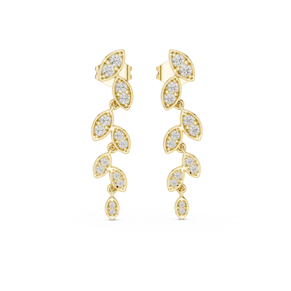 Graduated lab grown diamond drop earrings in gold with modern cascading pave design by Signora Jewels