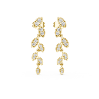 Front view of Cascading Leaf diamond drop earrings in yellow gold.