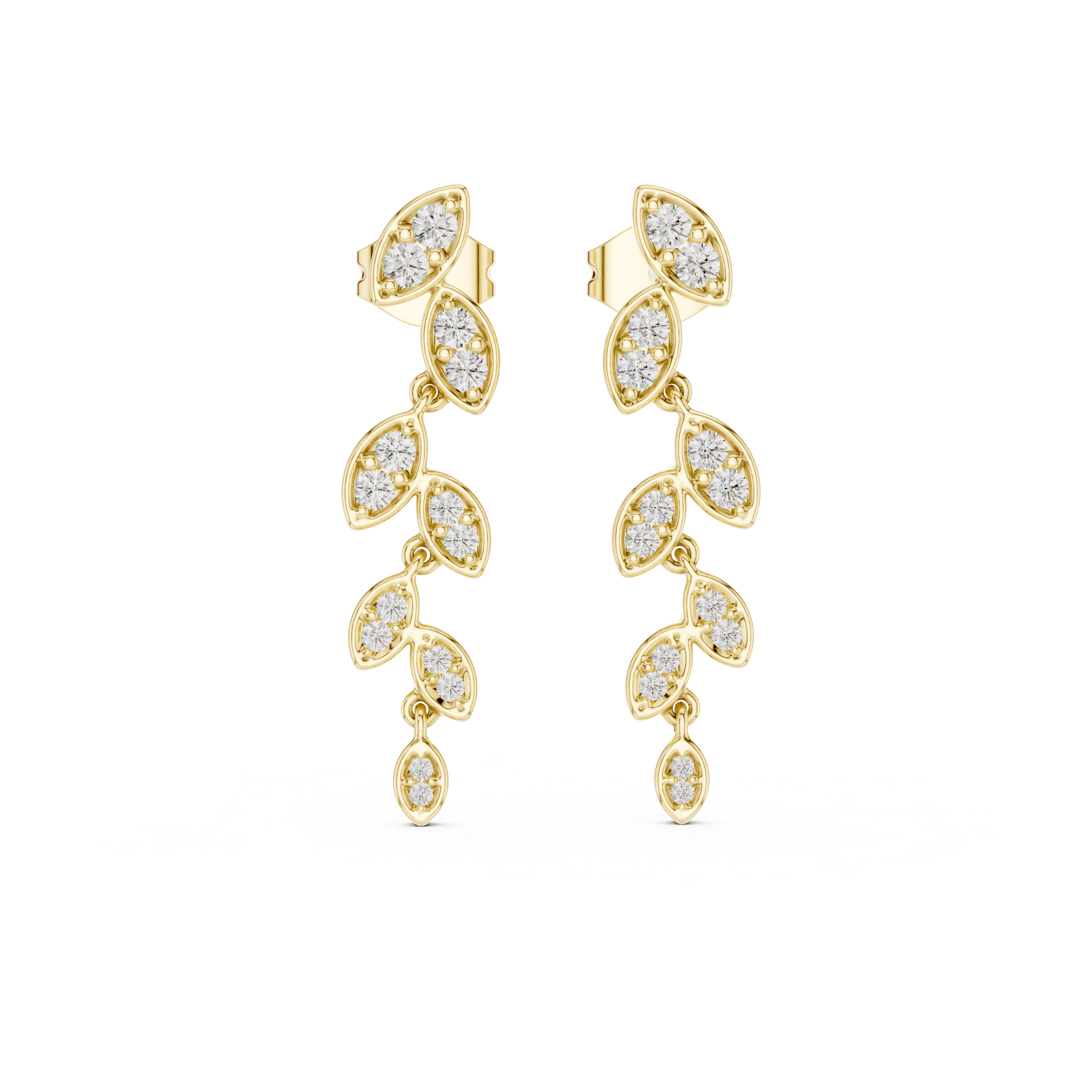 Graduated lab grown diamond drop earrings in gold with modern cascading pave design by Signora Jewels