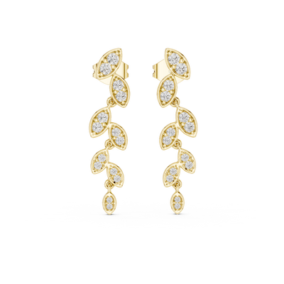 Front view of Cascading Leaf diamond drop earrings in yellow gold.