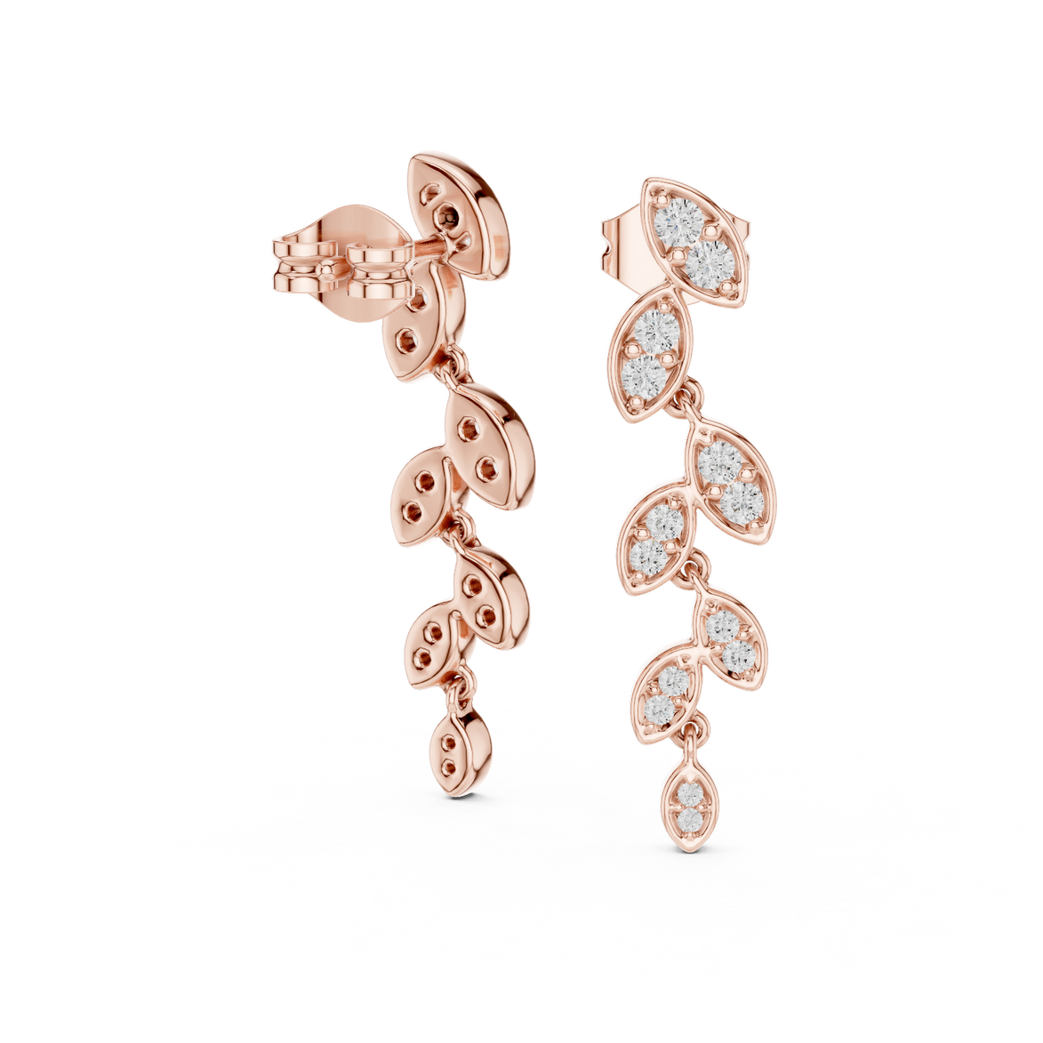 Graduated lab grown diamond drop earrings in gold with modern cascading pave design by Signora Jewels