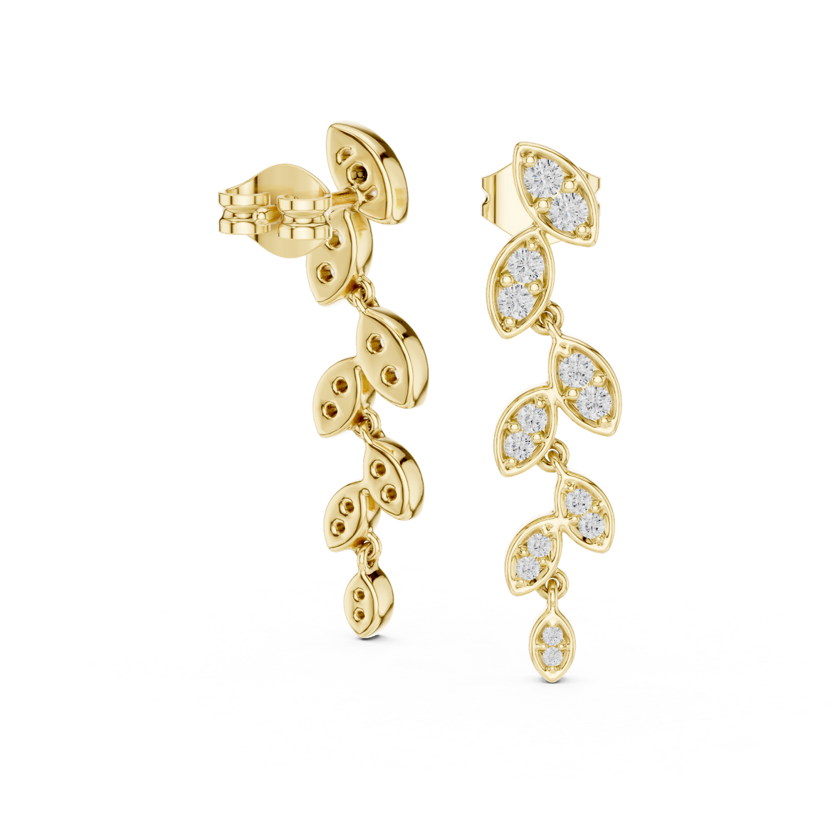 Graduated lab grown diamond drop earrings in gold with modern cascading pave design by Signora Jewels