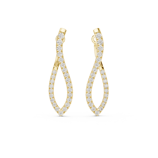 Front view of Twisting Radiance diamond drop earrings in yellow gold.