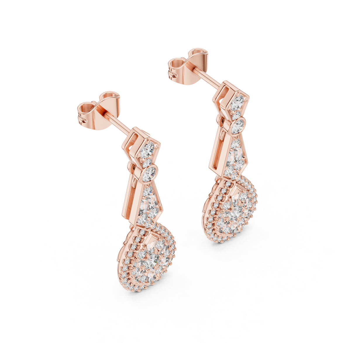 Vintage teardrop lab grown diamond drop earrings in gold with round and baguette diamonds by Signora Jewels