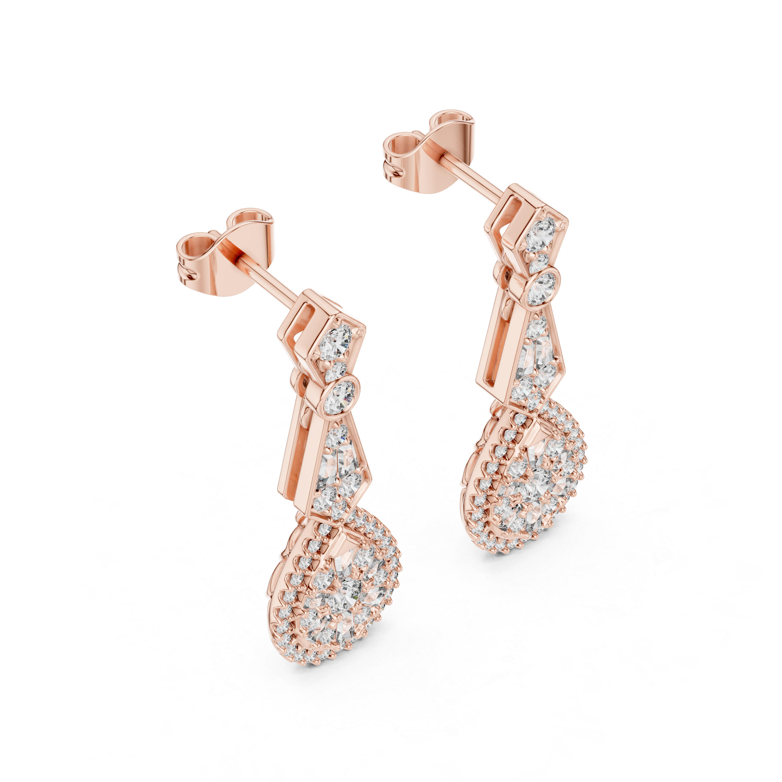 Vintage teardrop lab grown diamond drop earrings in gold with round and baguette diamonds by Signora Jewels