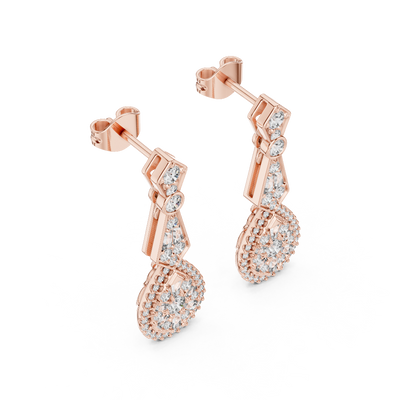 Side profile of rose gold vintage-inspired diamond drop earrings.