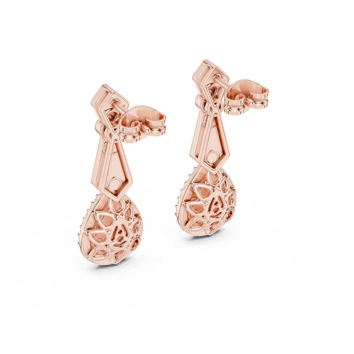 Vintage teardrop lab grown diamond drop earrings in gold with round and baguette diamonds by Signora Jewels